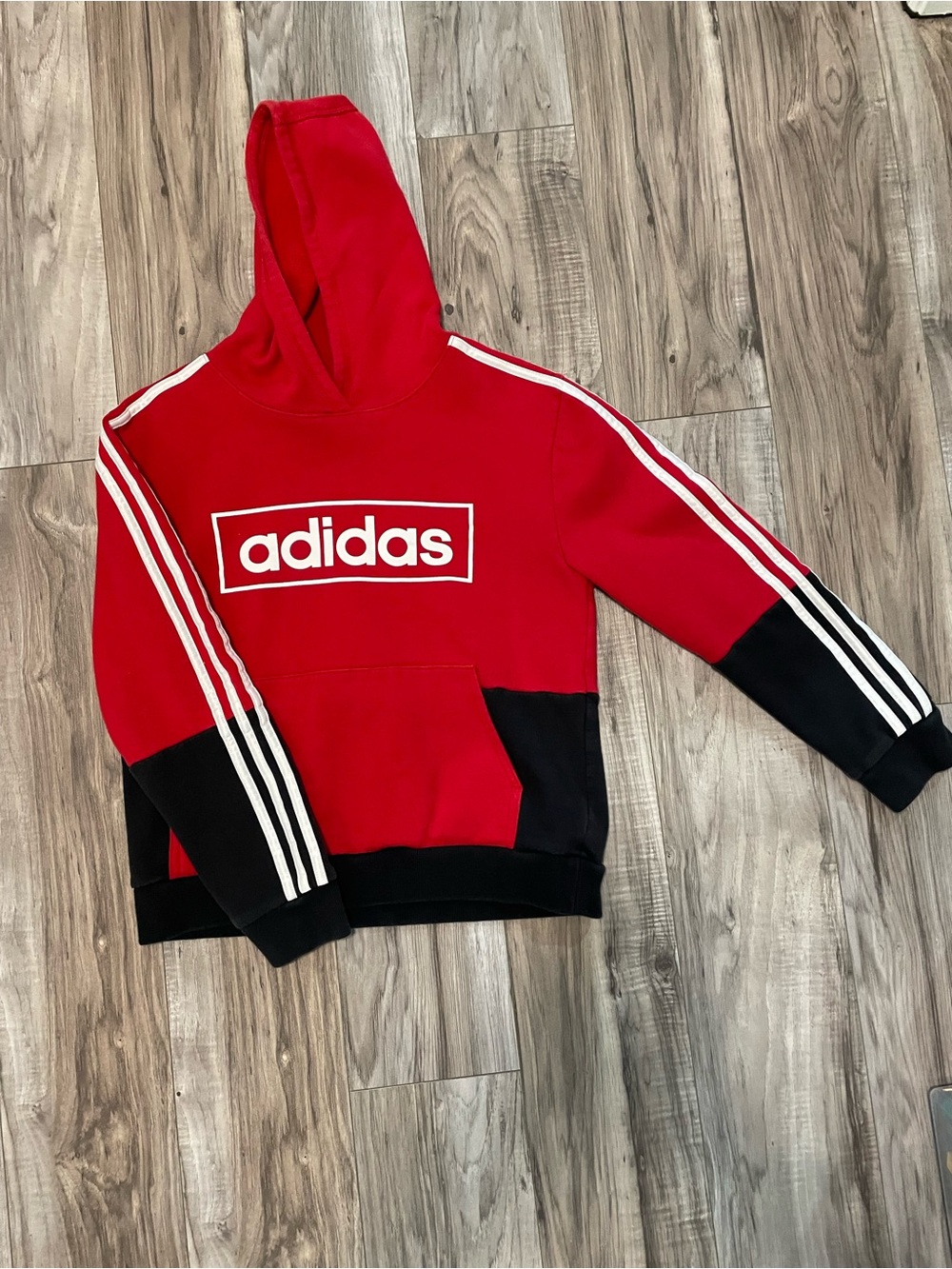 Adidas Boys Youth L 14/16 Red Black 3 Stripe Pullover Hoodie